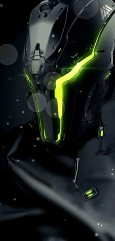 Futuristic cybernetic helmet with neon green glow on black background.