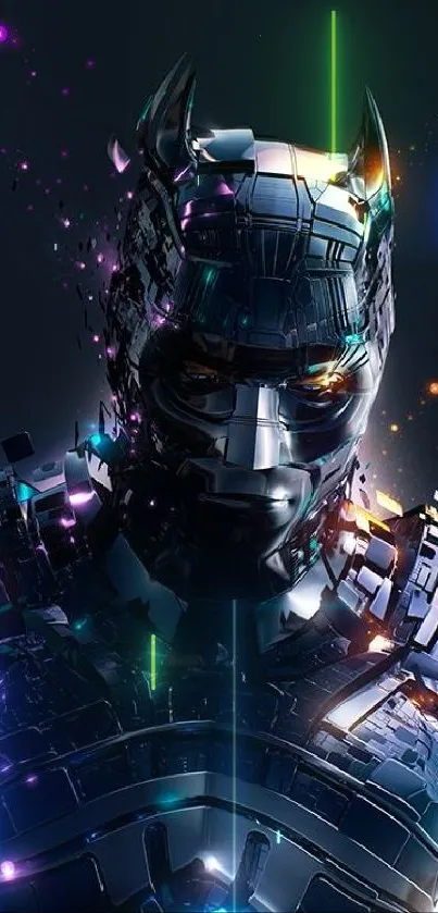 Futuristic cybernetic hero with neon accents on dark background.