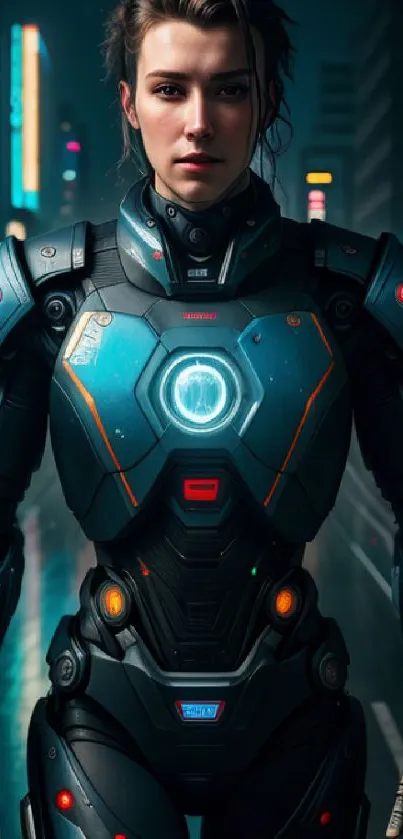 Futuristic cybernetic heroine in neon cityscape with dark blue armor.