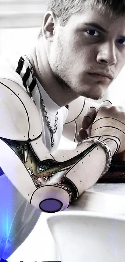 Wallpaper of a human with a futuristic robotic arm, sitting at a table.
