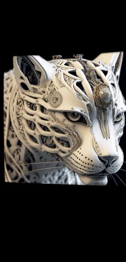 Cybernetic leopard with intricate design on black background.