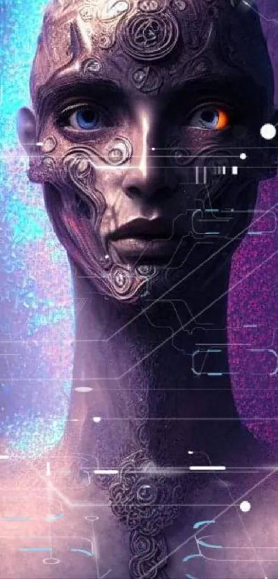 Futuristic cyborg portrait in vibrant digital art style with purple tones.