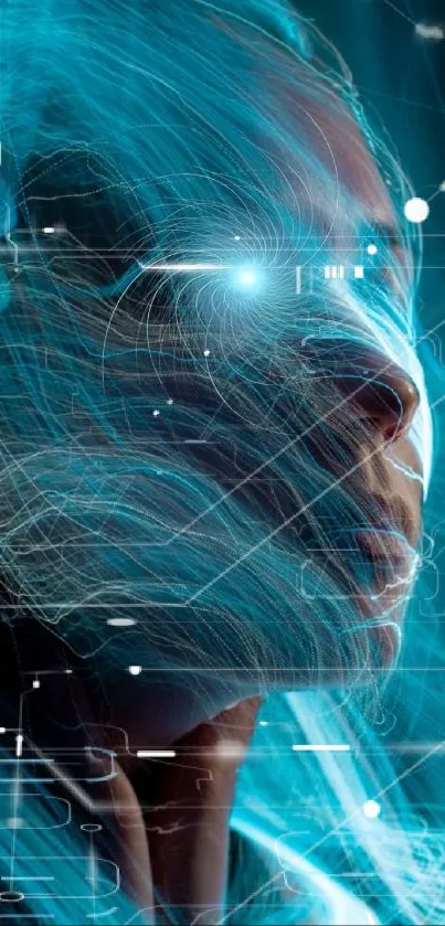 Futuristic cybernetic profile with blue digital effects.