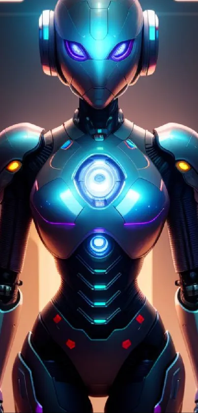 Futuristic cybernetic robot with glowing lights, set against a dark blue background.