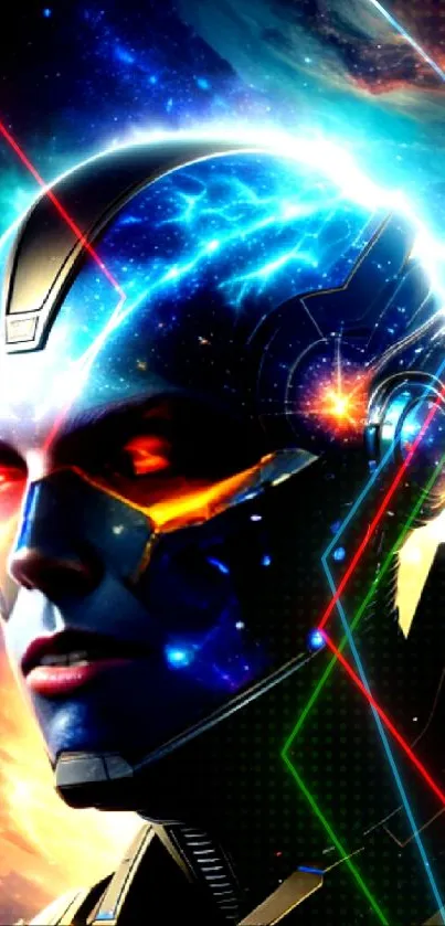 Futuristic cybernetic face in vibrant galaxy colors.