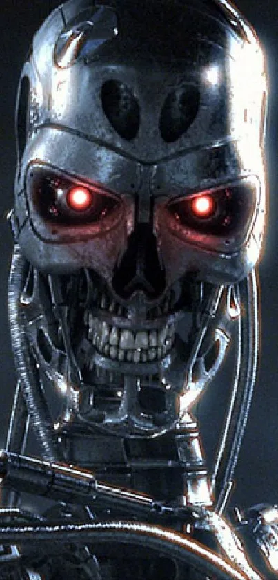 Cybernetic skull with glowing red eyes on a dark background.