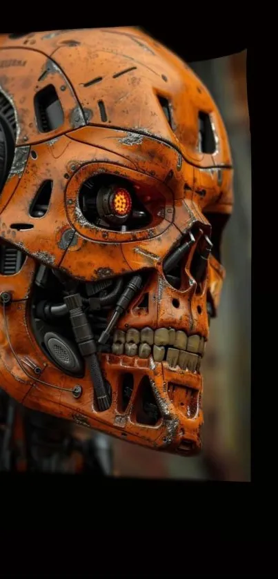 Futuristic cybernetic skull with glowing red eye.