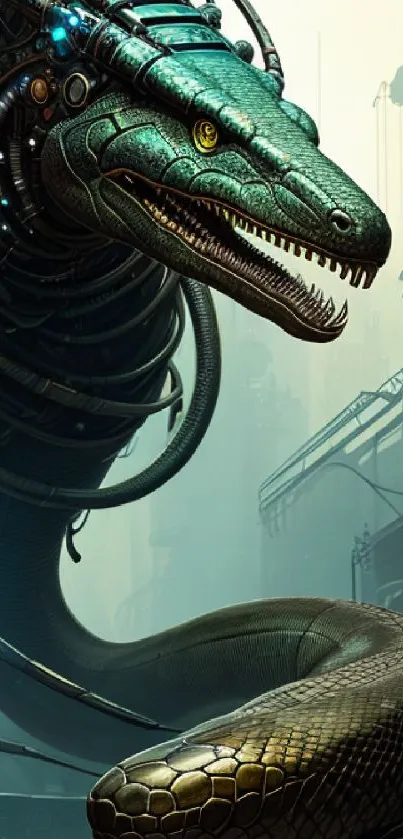 Futuristic cybernetic snake in a cityscape setting, blending nature and technology.