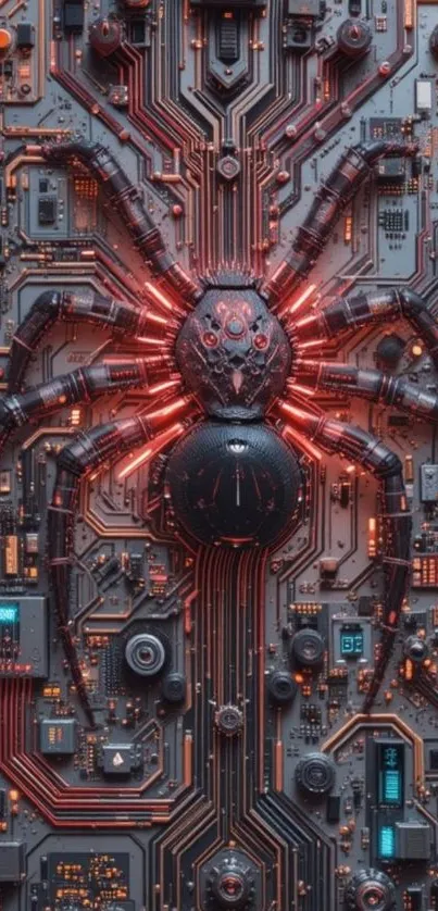 Cybernetic spider on intricate circuit board design wallpaper.