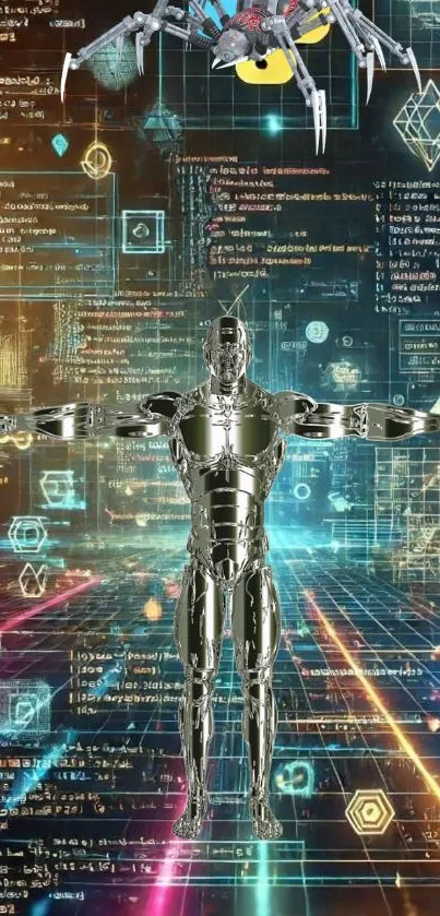 Futuristic cybernetic wallpaper with metallic humanoid and digital codes.