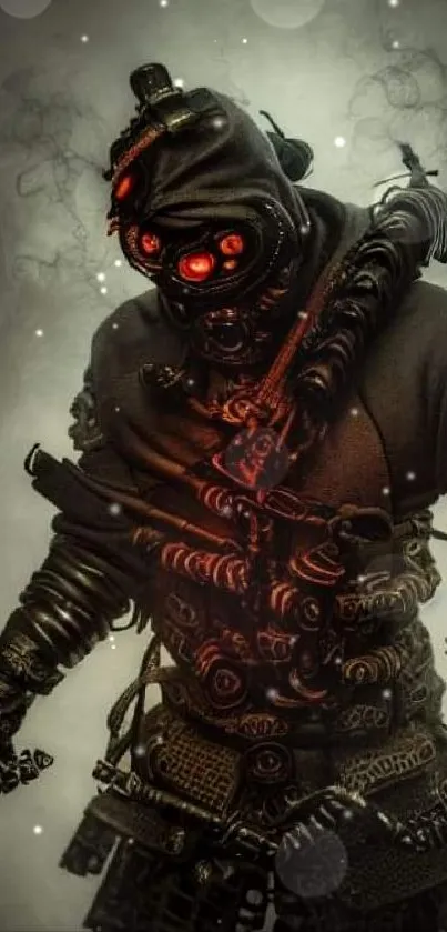 Futuristic cybernetic warrior with glowing red eyes and intricate designs.