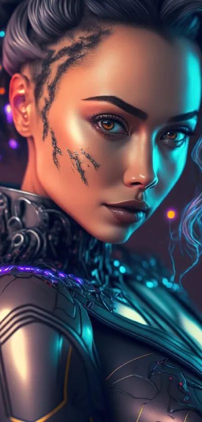 Futuristic cyberpunk woman in intricate armor.