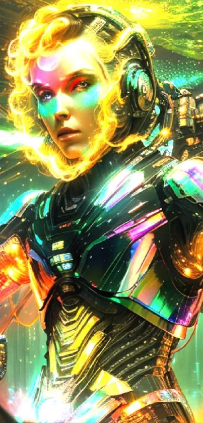 Colorful futuristic warrior in cybernetic armor with neon lighting.