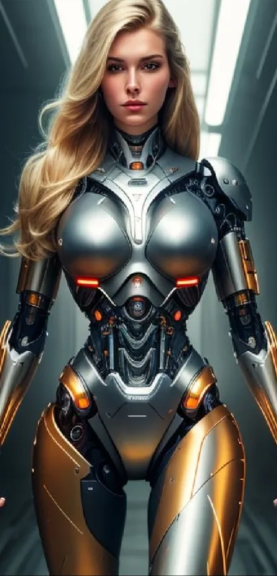 Futuristic woman in cybernetic armor walking through a high-tech corridor.