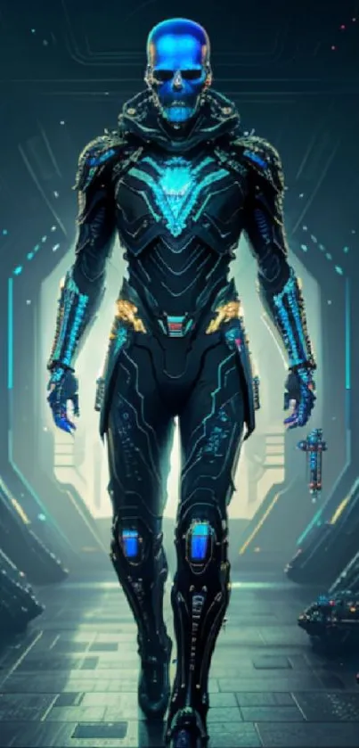 Cybernetic warrior with blue skull helmet in neon-lit corridor.