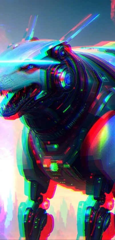 Cybernetic wolf in a neon-lit landscape.