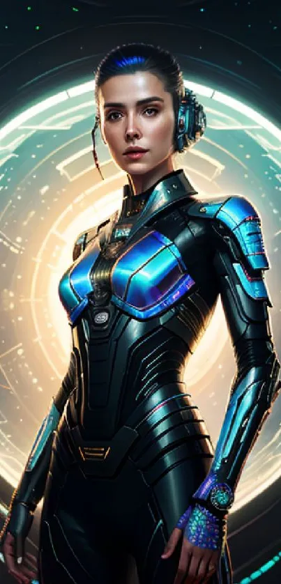 Futuristic cybernetic woman with glowing tech suit.