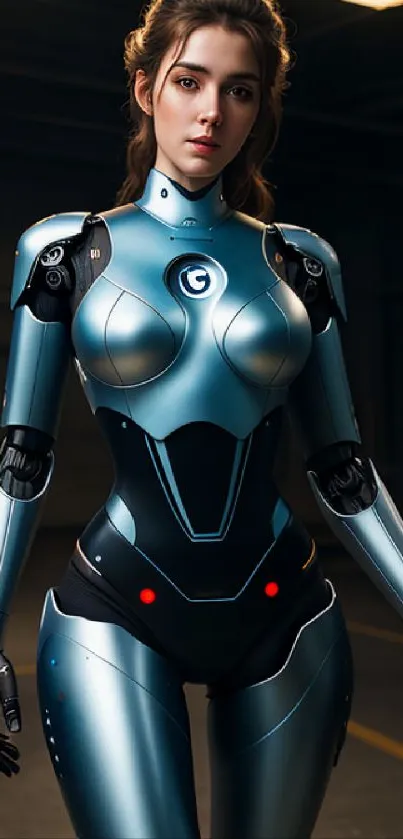 Futuristic cybernetic woman in metallic blue suit in a sci-fi setting.