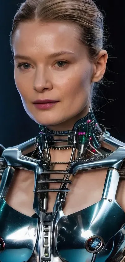 Futuristic cybernetic woman in metallic armor on a dark background.