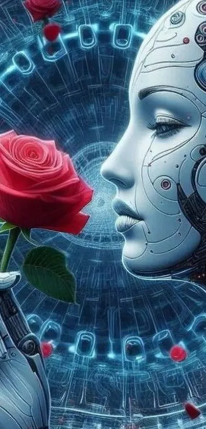 A robotic figure holding a rose with a cyberpunk background.