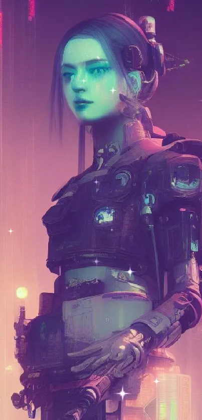 Futuristic cyberpunk character in neon cityscape.