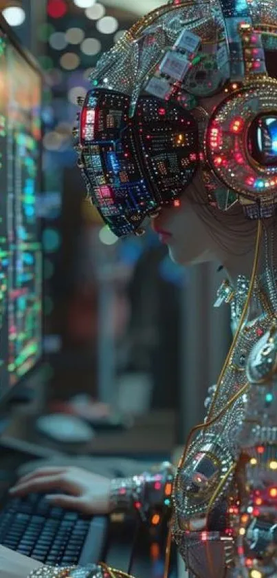 Futuristic cyberpunk wallpaper with AI design and neon colors.