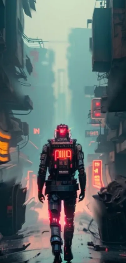 Cyberpunk alley with neon lights and a lone figure in futuristic armor.