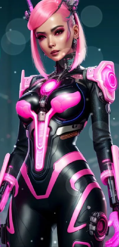 Neon-clad cyberpunk android in futuristic cityscape.