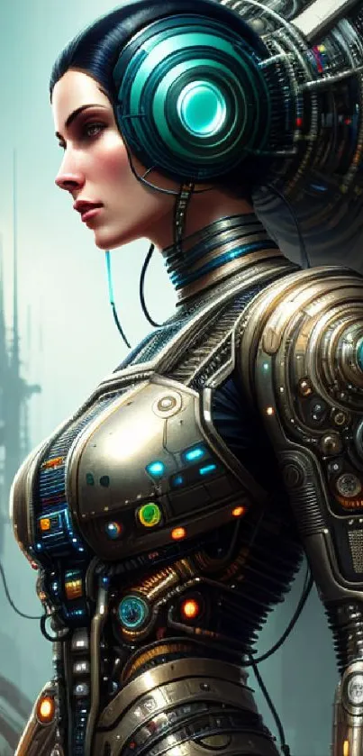 Futuristic cyberpunk android in a detailed sci-fi setting.