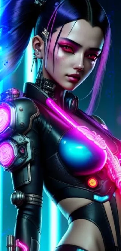 Futuristic cyberpunk android with neon lights and vibrant colors.