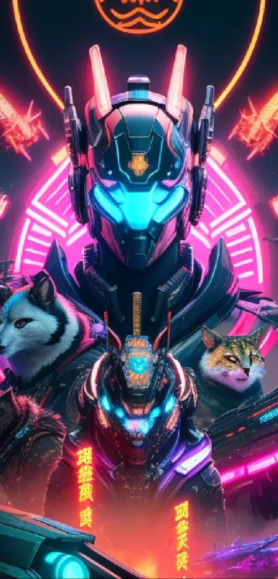 Futuristic cyberpunk wallpaper with neon elements and robotic animals.