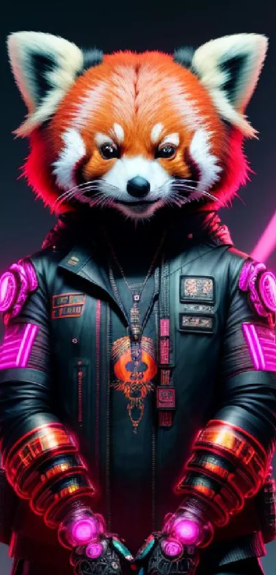 Futuristic red panda in cyberpunk attire with neon lights.