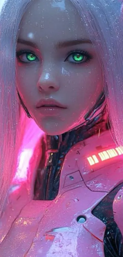 Futuristic anime girl with neon pink highlights and glowing green eyes.