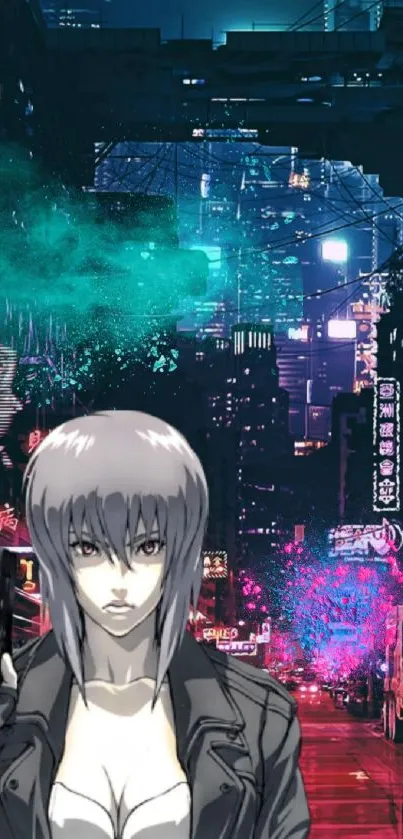 Futuristic cyberpunk anime girl in neon-lit city.