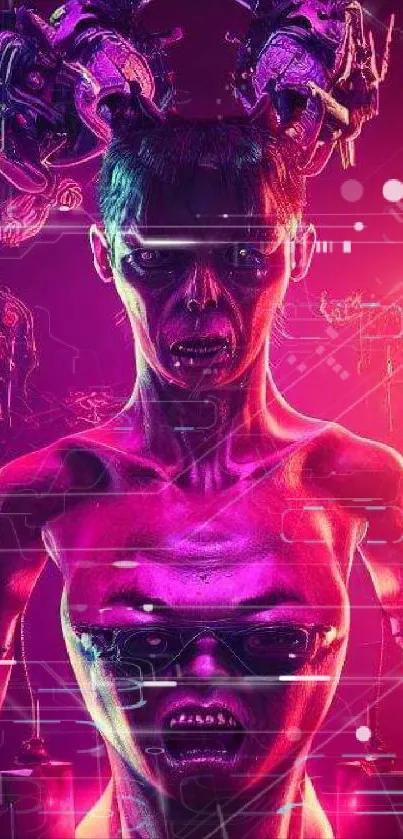 Futuristic cyberpunk art with neon pink glow and surreal figure for mobile wallpaper.