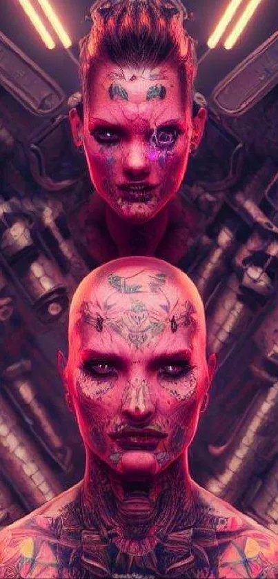 Futuristic cyberpunk art with neon pink hues and intricate designs.