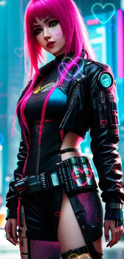 Futuristic cyberpunk art with neon colors and cityscape background.