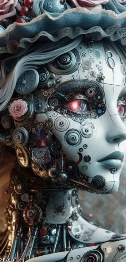 Futuristic robotic woman with floral details