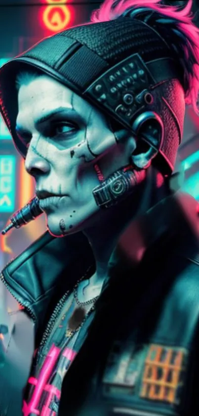 Futuristic cyberpunk character with neon lights in an urban setting.