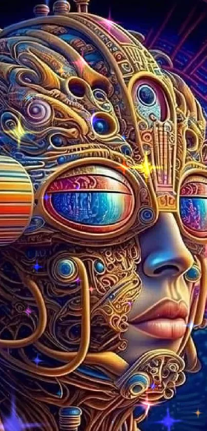 Futuristic cyberpunk android art with colorful, intricate design.