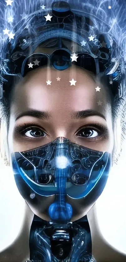 Futuristic cyberpunk robotic face art wallpaper with blue tones.