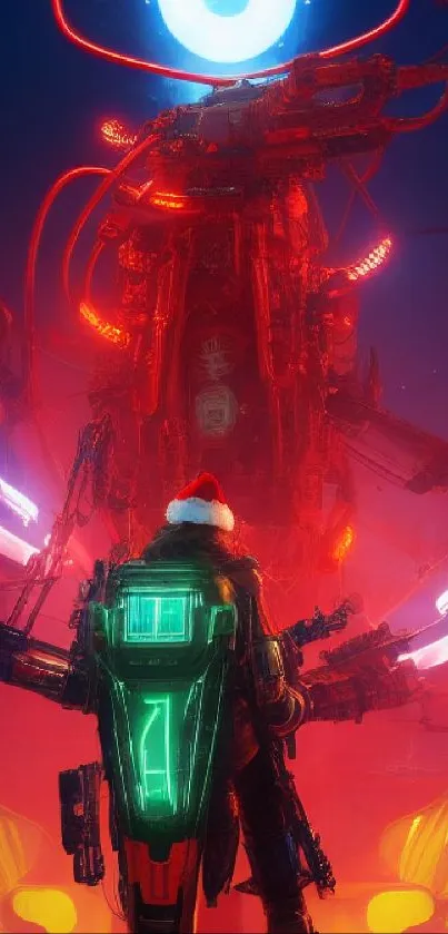 Cyberpunk art with neon lights and a futuristic figure facing a towering structure.