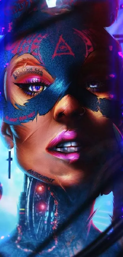 Futuristic cyberpunk art with neon colors and high-tech elements.