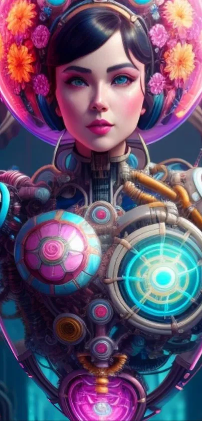 Futuristic cyberpunk art with robotic woman and floral details.