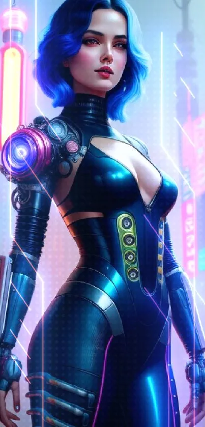 Futuristic cyberpunk character with neon city backdrop.