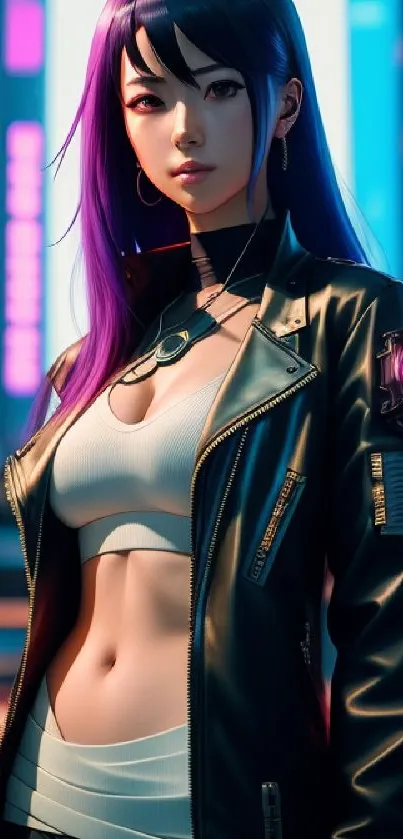 Futuristic cyberpunk woman in neon-lit cityscape wearing a leather jacket.