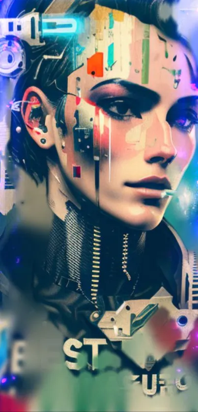 Futuristic cyberpunk digital art portrait with abstract elements.