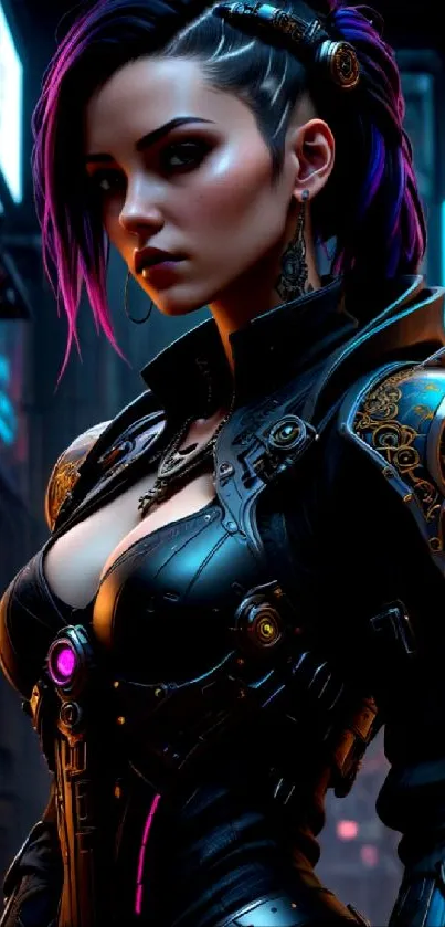 Futuristic cyberpunk character with neon lights in an urban setting.