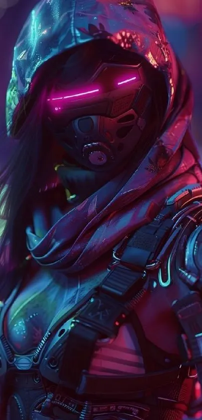 Futuristic neon cyber warrior in hooded armor with vibrant colors.