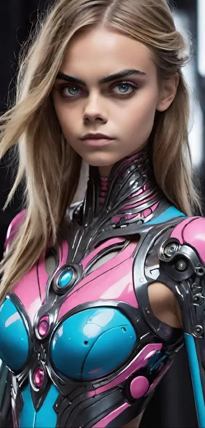 Futuristic cyberpunk android woman in pink and blue armor.